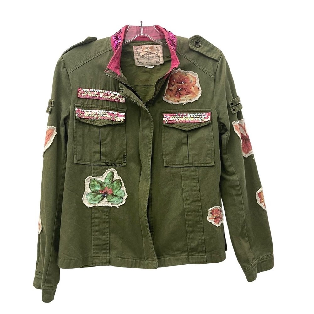 Sugar Lips Patched Green Cotton Full Zip Jacket, Size S
